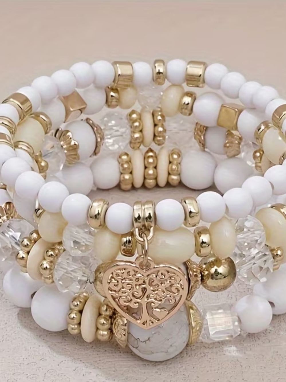New Gold and White Beaded Heart Charm Bracelet Stack